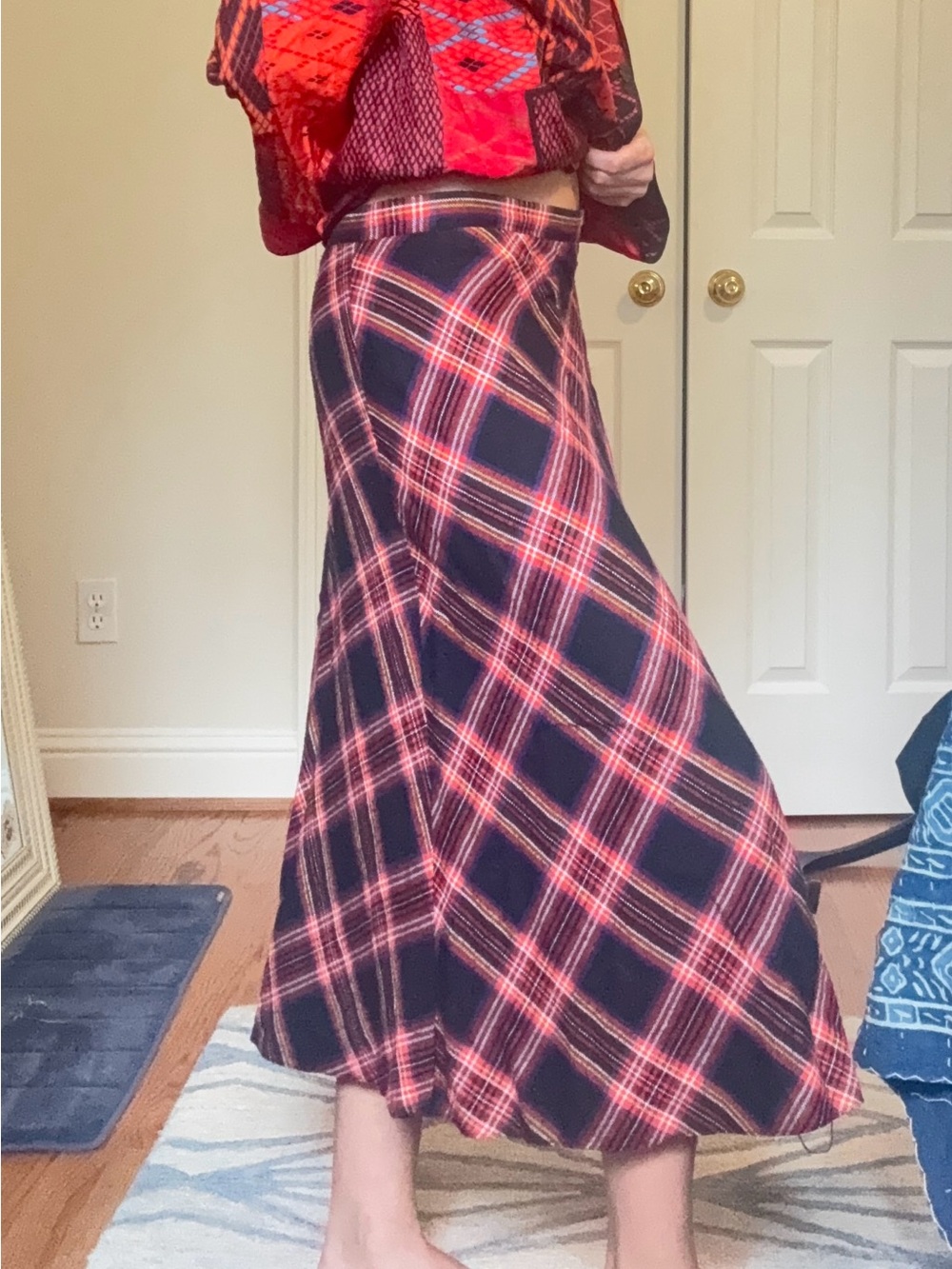 Plaid Maxi Skirt in Navy with Red and Pink Accents